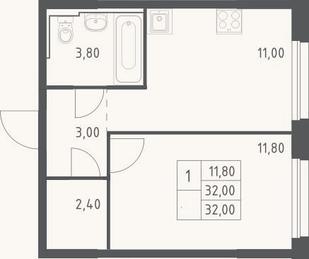 Планировка: 1-к, 32 м²