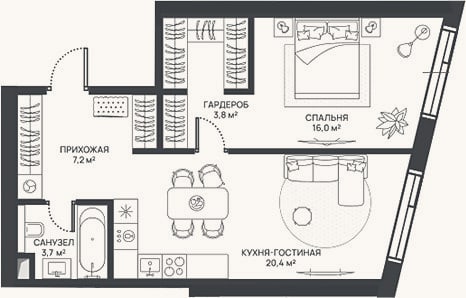 Планировка: 2-к, 51,1 м²