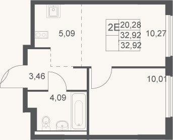 Планировка: 2-к, 32,9 м²