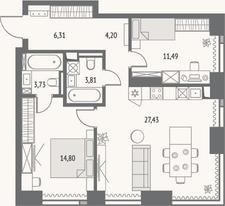 Планировка: 3-к, 72,5 м²