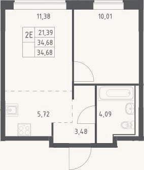 Планировка: 2-к, 34,7 м²