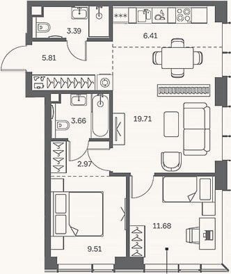 Планировка: 3-к, 63,1 м²