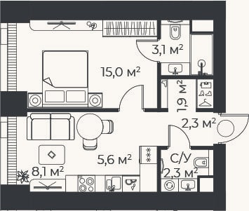 Планировка: 2-к, 38,2 м²