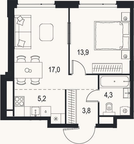 Планировка: 2-к, 44,2 м²