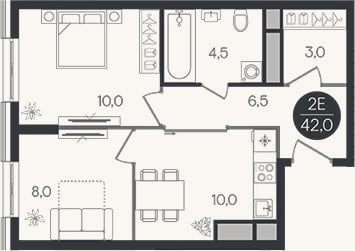 Планировка: 2-к, 42 м²