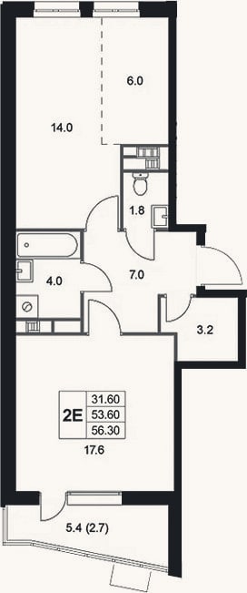 Планировка: 2-к, 53,6 м²