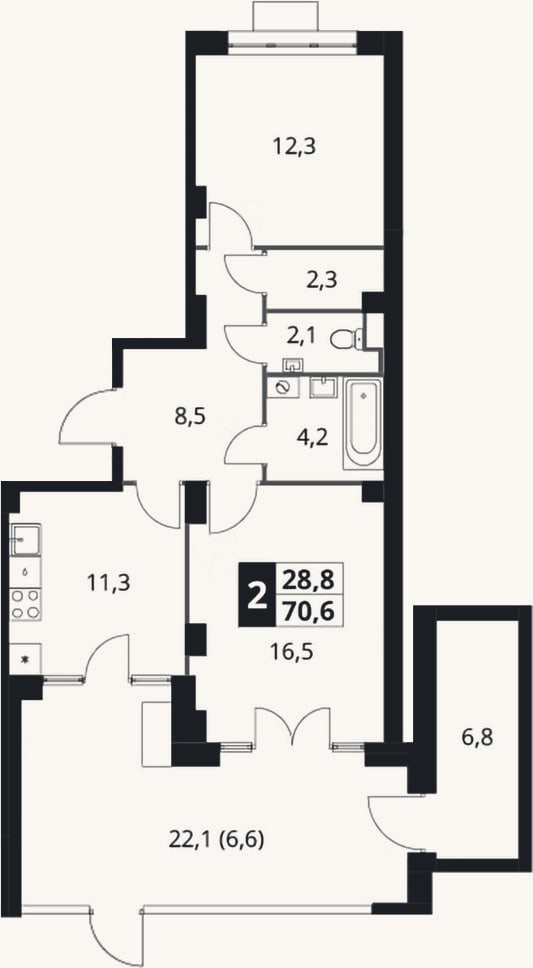 Планировка: 2-к, 57,2 м²