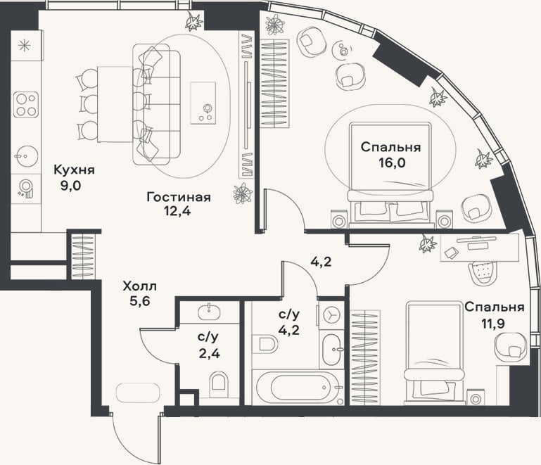 Планировка: 3-к, 65,7 м²