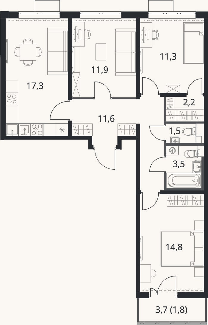 Планировка: 3-к, 74,1 м²