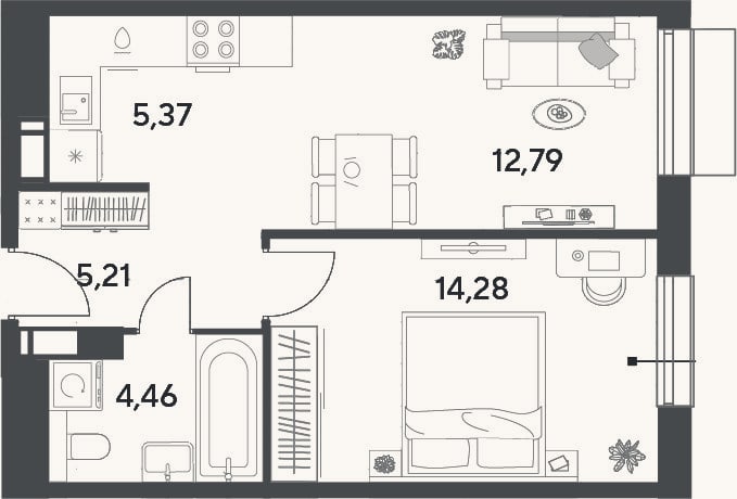 Планировка: 2-к, 42,1 м²