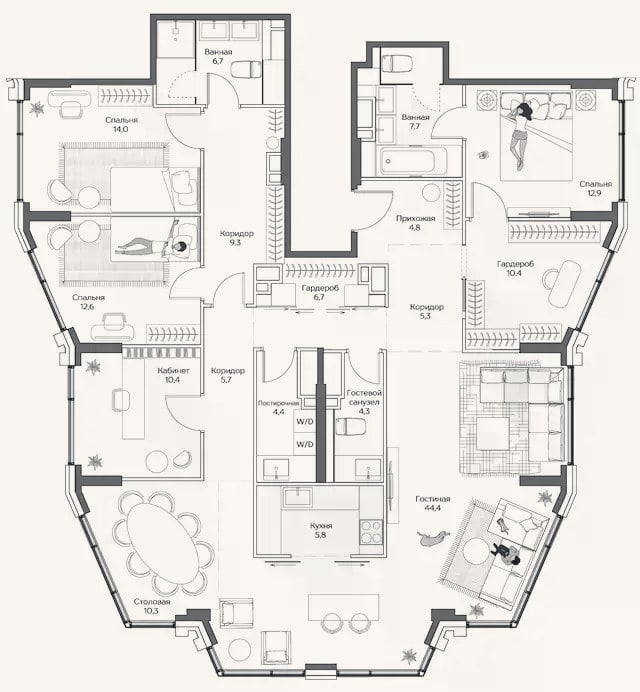 Планировка: 4+ к, 173 м²