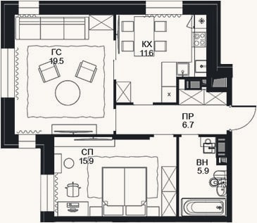 Планировка: 2-к, 59,6 м²