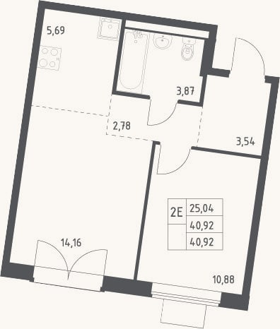 Планировка: 2-к, 40,9 м²