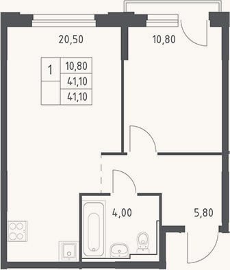 Планировка: 2-к, 41,1 м²