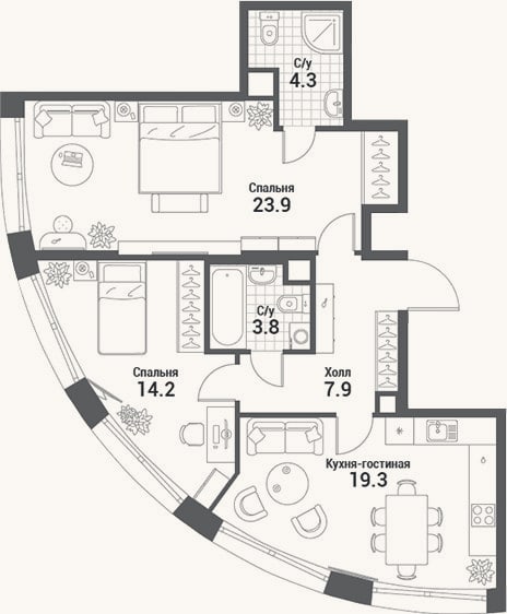 Планировка: 3-к, 73,4 м²