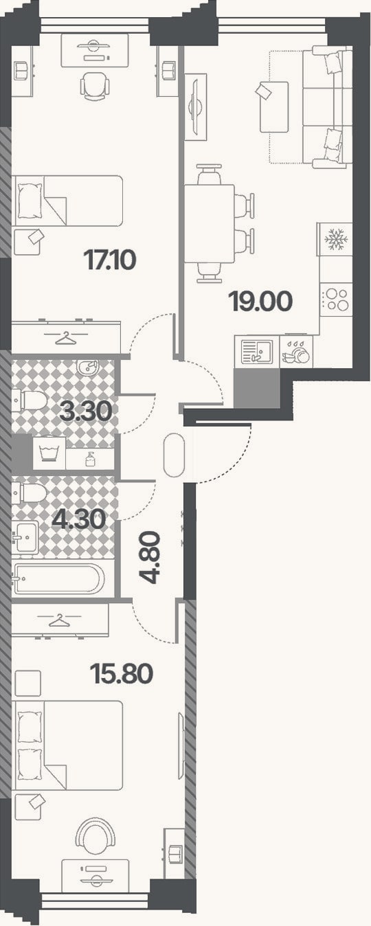Планировка: 3-к, 64,3 м²