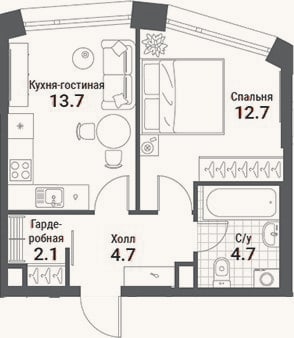Планировка: 1-к, 37,9 м²