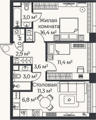 Планировка: 3-к, 59,5 м²