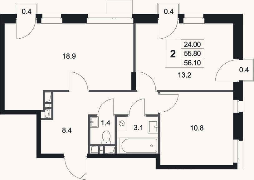 Планировка: 2-к, 55,8 м²