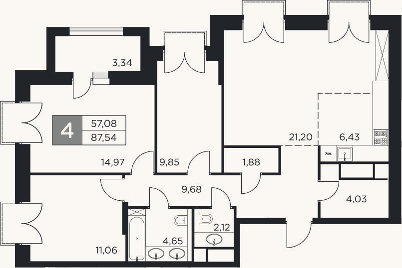 Планировка: 4+ к, 85,9 м²