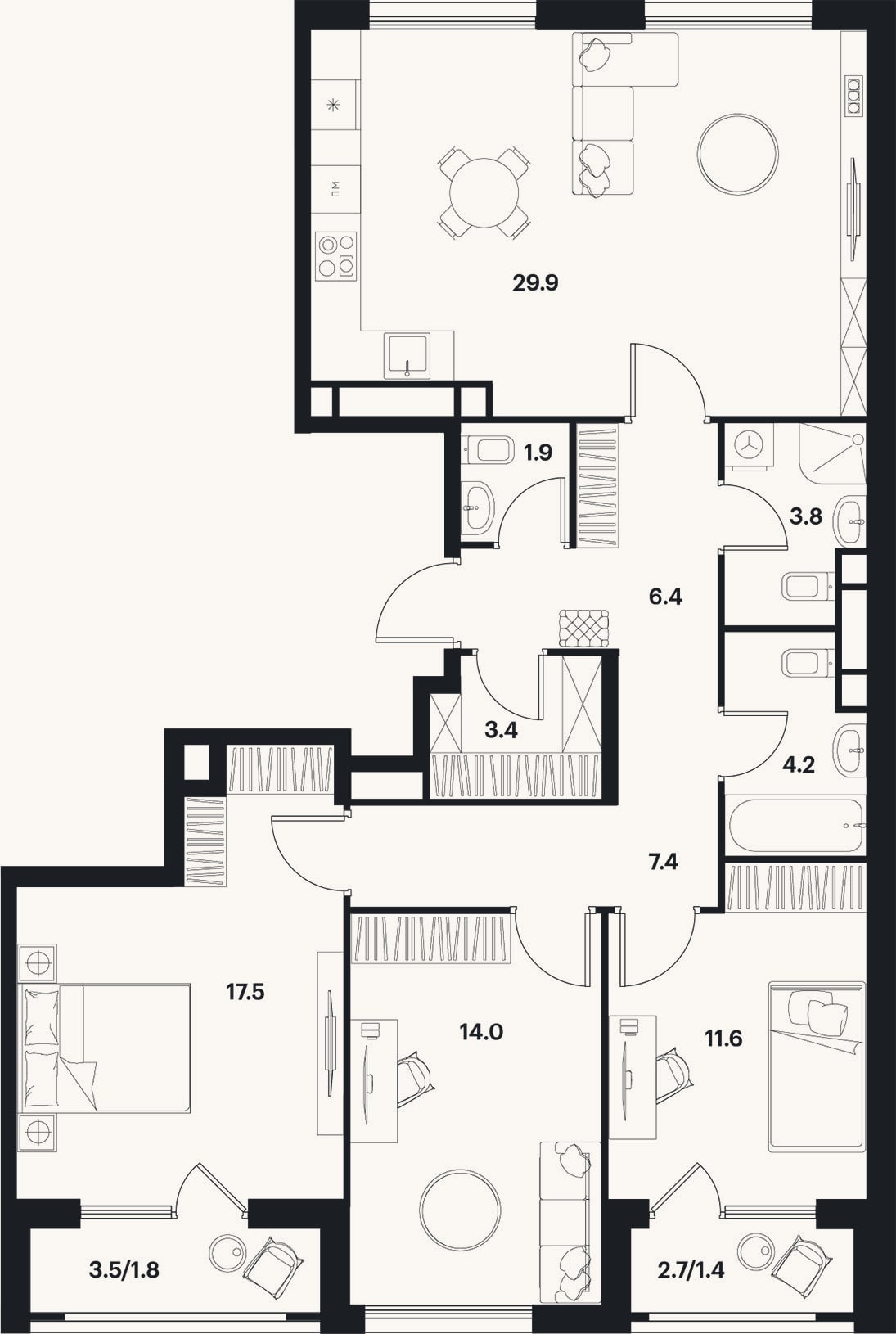 Планировка: 4+ к, 98,8 м²