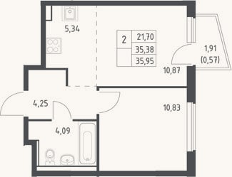 Планировка: 2-к, 35,4 м²