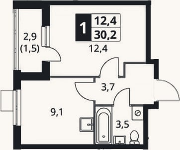 Планировка: 1-к, 28,7 м²
