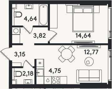Планировка: 2-к, 46 м²