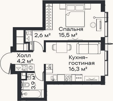 Планировка: 2-к, 42,5 м²