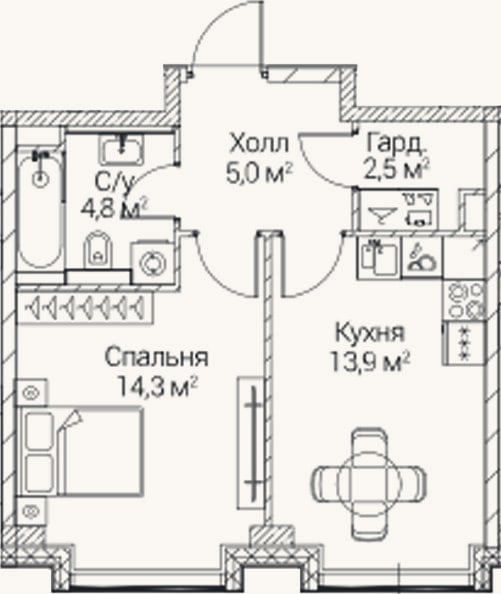 Планировка: 1-к, 39,9 м²