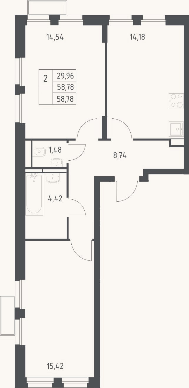 Планировка: 2-к, 58,8 м²