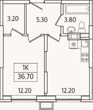Планировка: 1-к, 36,7 м²