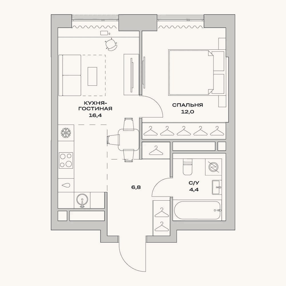 Планировка: 2-к, 39,6 м²