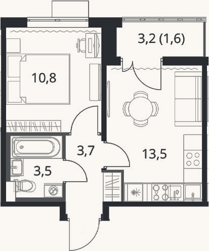 Планировка: 1-к, 31,5 м²