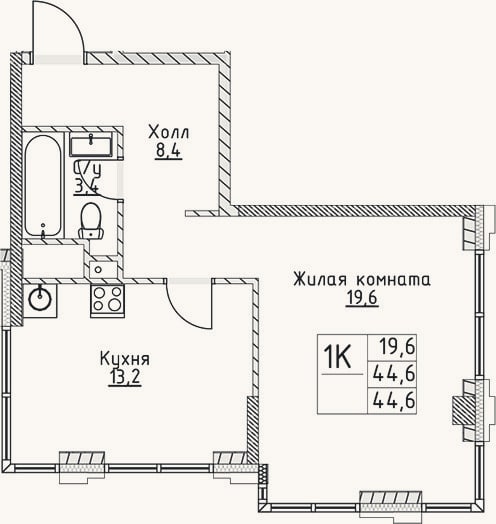 Планировка: 1-к, 44,6 м²