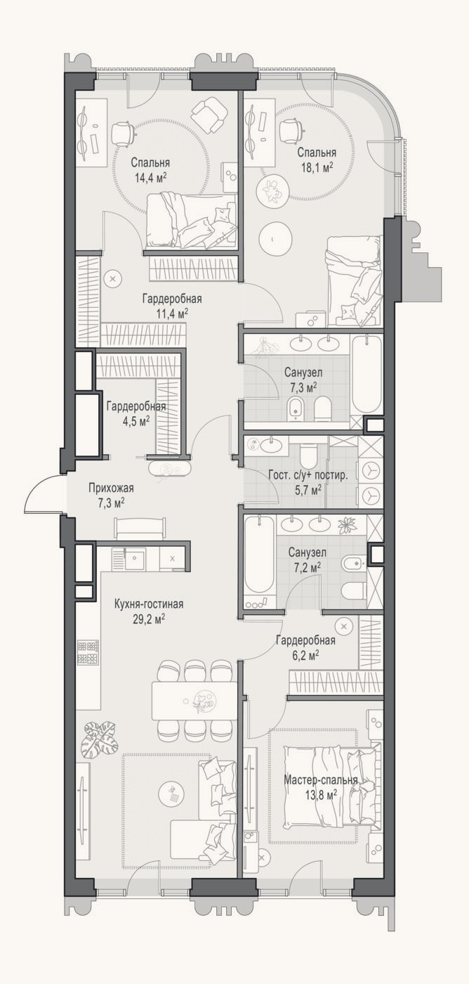 Планировка: 4+ к, 124,2 м²