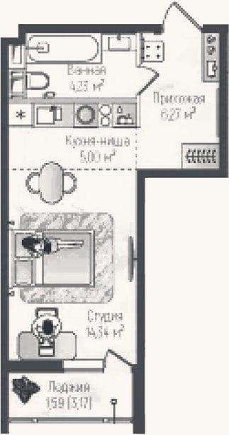 Планировка: Студия, 29,4 м²