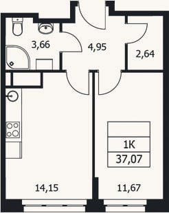 Планировка: 1-к, 37,1 м²
