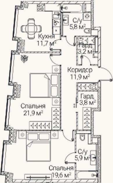Планировка: 2-к, 83,8 м²