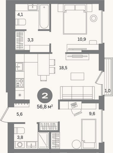 Планировка: 2-к, 55,8 м²