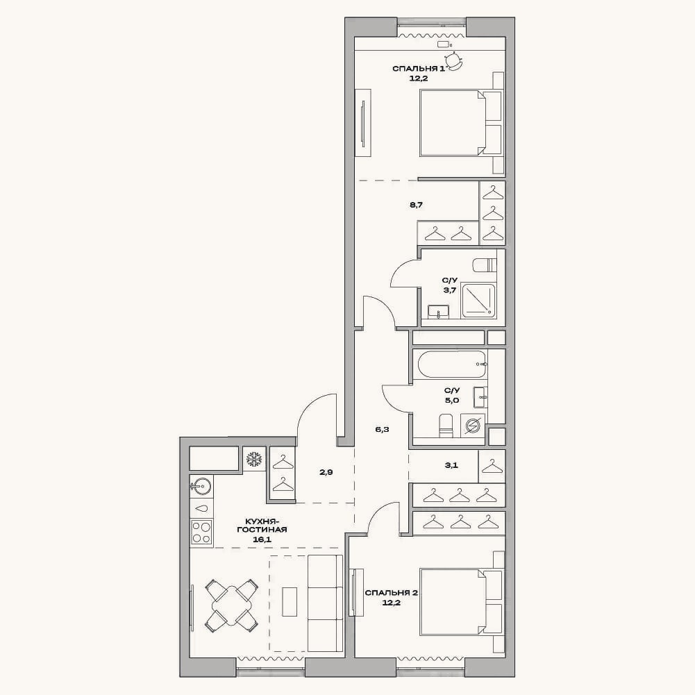 Планировка: 3-к, 71,4 м²