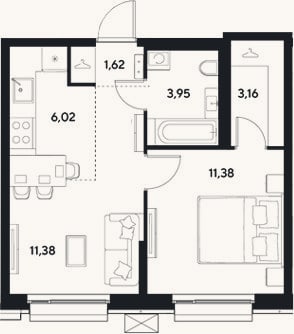 Планировка: 2-к, 37,5 м²