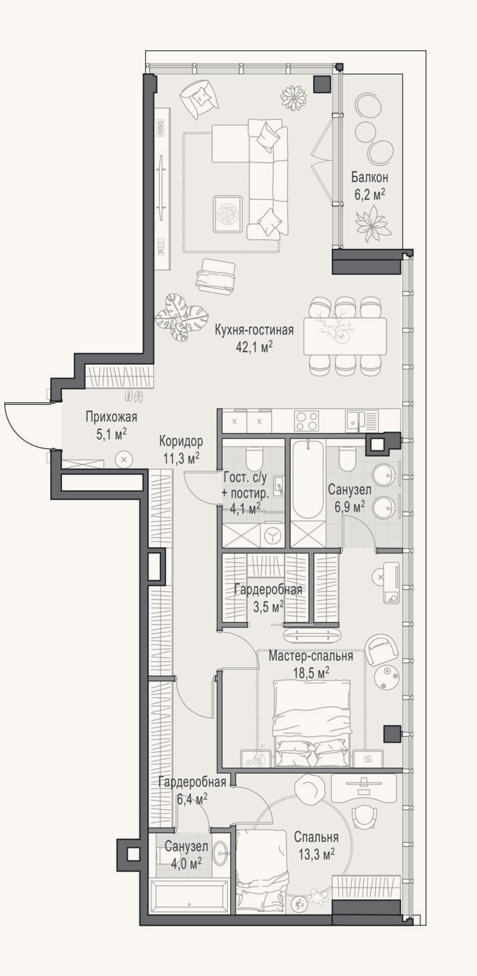 Планировка: 3-к, 118,1 м²