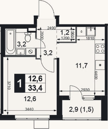 Планировка: 1-к, 31,9 м²