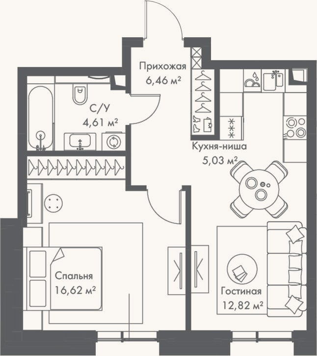 Планировка: 2-к, 45,5 м²