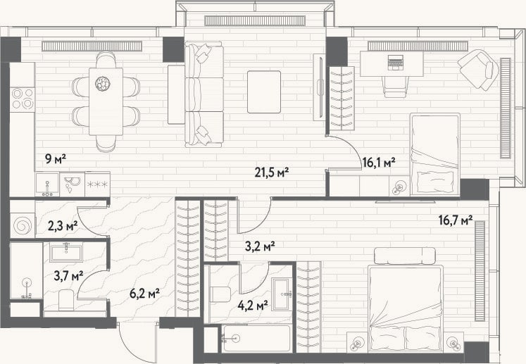 Планировка: 3-к, 82,9 м²