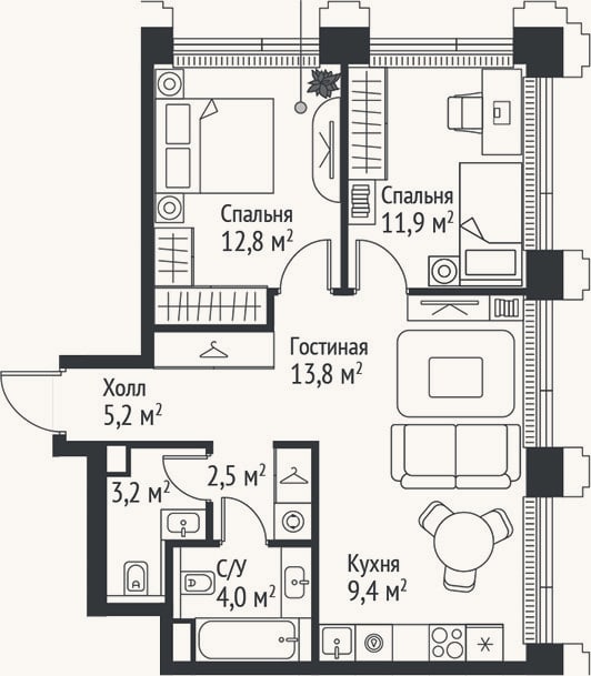 Планировка: 3-к, 62,8 м²