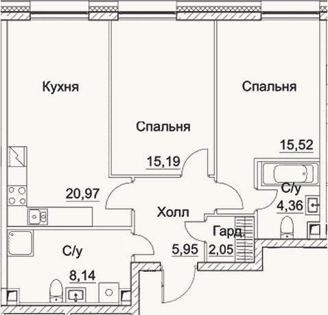 Планировка: 3-к, 72,2 м²