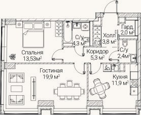 Планировка: 2-к, 63 м²