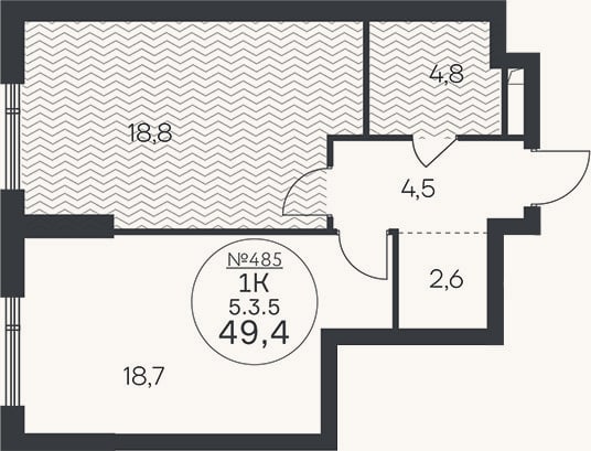 Планировка: 1-к, 49,4 м²